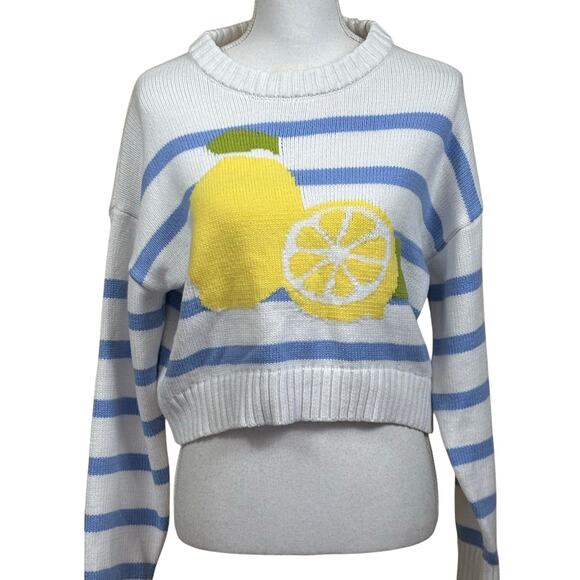Freshman 1996 blue/white striped sweater with lemon, whimsical, nautical, fruit - Picture 1 of 6